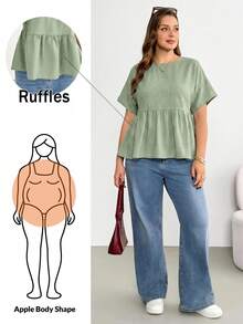 Shapeblank Plus-Size Women's Spring/Summer Fashionable Casual Loose Comfortable Everyday Basic Versatile Slimming Sage Green Short-Sleeved Babydoll Shirt Holiday - Mint Green - View 1