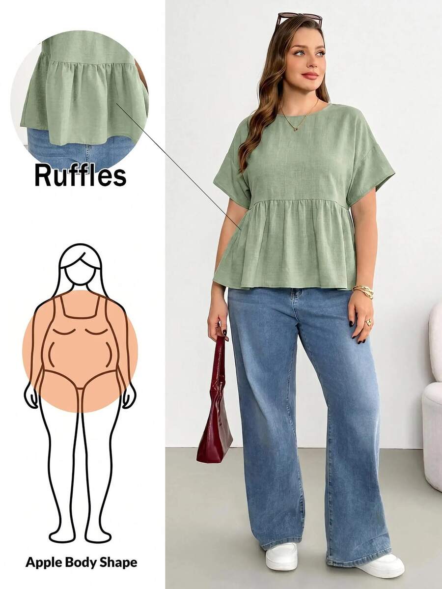 Shapeblank Plus-Size Women's Spring/Summer Fashionable Casual Loose Comfortable Everyday Basic Versatile Slimming Sage Green Short-Sleeved Babydoll Shirt Holiday - Mint Green - View 1