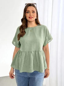 Shapeblank Plus-Size Women's Spring/Summer Fashionable Casual Loose Comfortable Everyday Basic Versatile Slimming Sage Green Short-Sleeved Babydoll Shirt Holiday - Mint Green - View 5