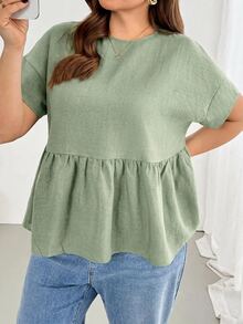 Shapeblank Plus-Size Women's Spring/Summer Fashionable Casual Loose Comfortable Everyday Basic Versatile Slimming Sage Green Short-Sleeved Babydoll Shirt Holiday - Mint Green - View 4