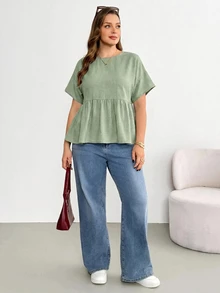 Shapeblank Plus-Size Women's Spring/Summer Fashionable Casual Loose Comfortable Everyday Basic Versatile Slimming Sage Green Short-Sleeved Babydoll Shirt Holiday - Mint Green - View 7