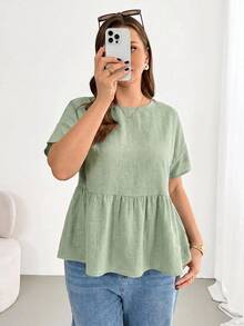 Shapeblank Plus-Size Women's Spring/Summer Fashionable Casual Loose Comfortable Everyday Basic Versatile Slimming Sage Green Short-Sleeved Babydoll Shirt Holiday - Mint Green - View 6