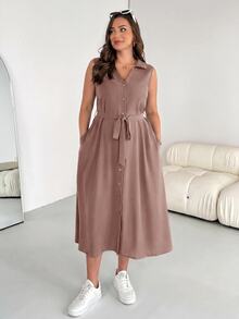 Shapeblank Plus Size Women's Spring And Summer Fashion Casual Loose Comfortable Slim Chocolate Brown Button Mid-Length Shirt Dress,Work Formal Dresses For Women - Brown - View 5