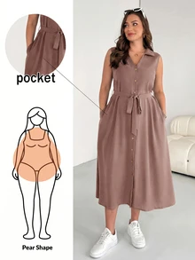 Shapeblank Plus Size Women's Spring And Summer Fashion Casual Loose Comfortable Slim Chocolate Brown Button Mid-Length Shirt Dress,Work Formal Dresses For Women - Brown - View 1