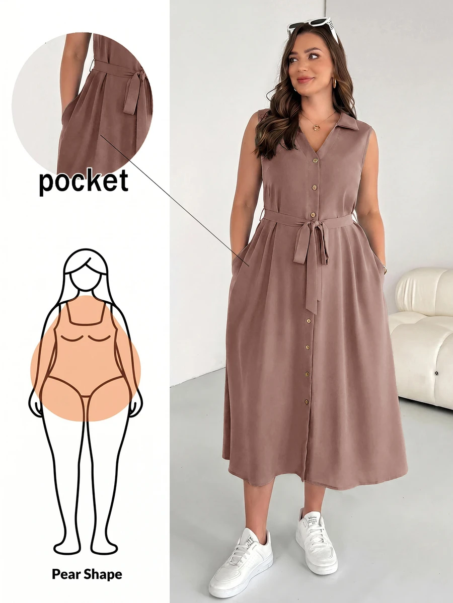 Shapeblank Plus Size Women's Spring And Summer Fashion Casual Loose Comfortable Slim Chocolate Brown Button Mid-Length Shirt Dress,Work Formal Dresses For Women - Brown - View 1