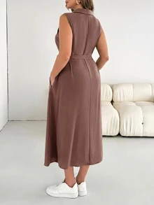 Shapeblank Plus Size Women's Spring And Summer Fashion Casual Loose Comfortable Slim Chocolate Brown Button Mid-Length Shirt Dress,Work Formal Dresses For Women - Brown - View 2