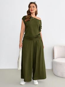 Shapeblank Plus Size Women Solid Color Asymmetric Shoulder Pleated Top And Pocket Wide Leg Pants Casual Business Casual 2 Pieces Set Olive Green - Army Green - View 5