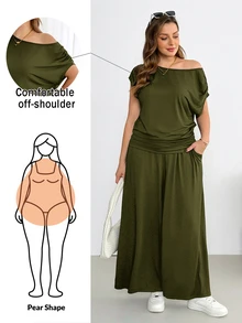 Shapeblank Plus Size Women Solid Color Asymmetric Shoulder Pleated Top And Pocket Wide Leg Pants Casual Business Casual 2 Pieces Set Olive Green - Army Green - View 2