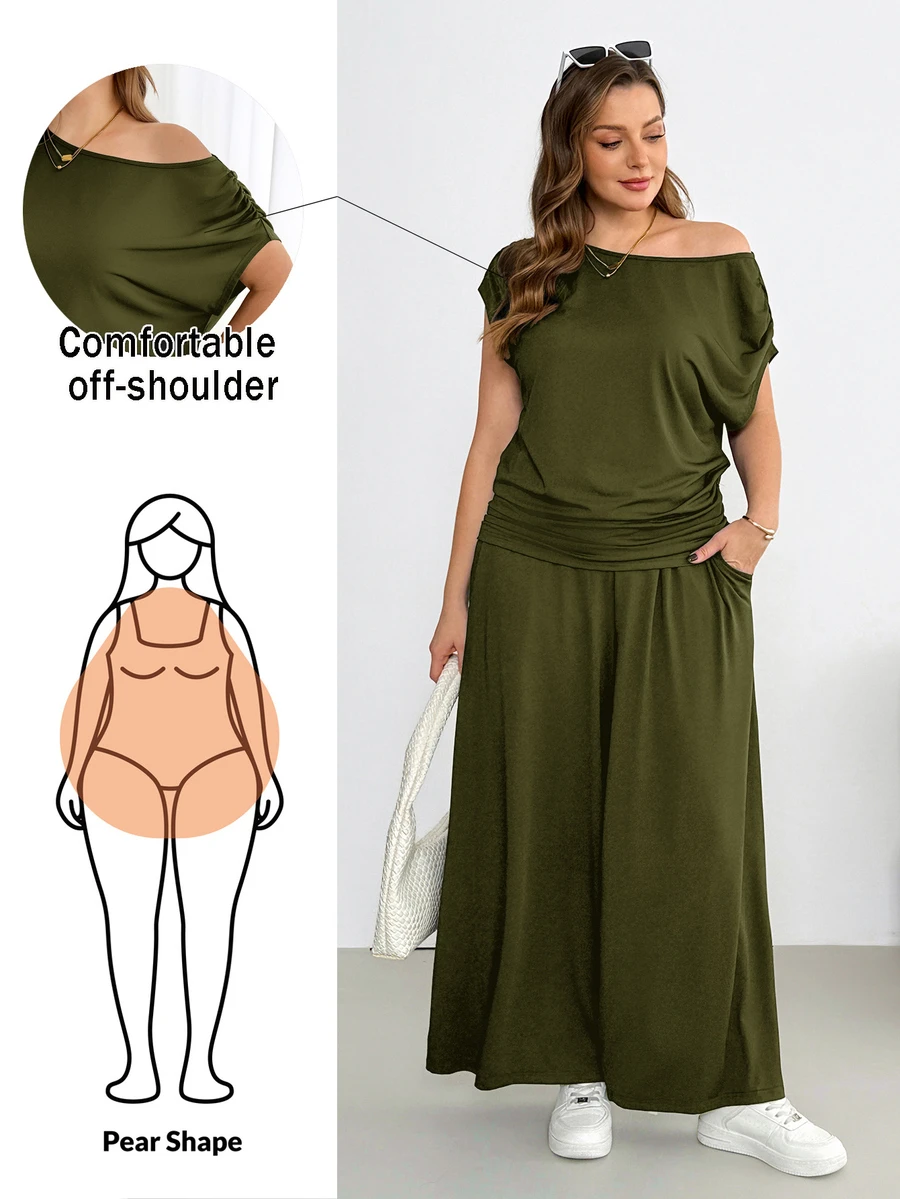 Shapeblank Plus Size Women Solid Color Asymmetric Shoulder Pleated Top And Pocket Wide Leg Pants Casual Business Casual 2 Pieces Set Olive Green