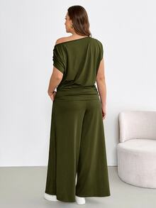 Shapeblank Plus Size Women Solid Color Asymmetric Shoulder Pleated Top And Pocket Wide Leg Pants Casual Business Casual 2 Pieces Set Olive Green - Army Green - View 3