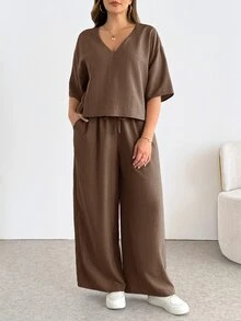 Shapeblank 大码女装春夏时尚休闲宽松舒适日常基础款显瘦V领短袖露脐上衣和阔腿裤卡其色两件套，夏季服装，裤装套装，度假装 - 咖啡棕 - 查看 6
