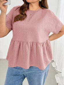 Shapeblank Plus-Size Women's Spring/Summer Fashionable Casual Loose Comfortable Everyday Basic Versatile Slimming Hot Pink Short-Sleeved Babydoll Shirt, Holiday - Dusty Pink - View 5