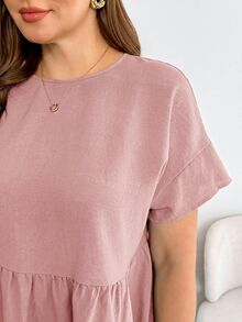 Shapeblank Plus-Size Women's Spring/Summer Fashionable Casual Loose Comfortable Everyday Basic Versatile Slimming Hot Pink Short-Sleeved Babydoll Shirt, Holiday - Dusty Pink - View 7