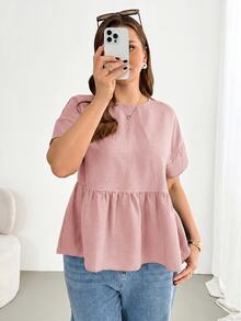 Shapeblank Plus-Size Women's Spring/Summer Fashionable Casual Loose Comfortable Everyday Basic Versatile Slimming Hot Pink Short-Sleeved Babydoll Shirt, Holiday - Dusty Pink - View 4