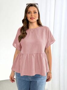 Shapeblank Plus-Size Women's Spring/Summer Fashionable Casual Loose Comfortable Everyday Basic Versatile Slimming Hot Pink Short-Sleeved Babydoll Shirt, Holiday - Dusty Pink - View 3