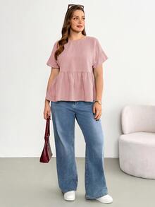 Shapeblank Plus-Size Women's Spring/Summer Fashionable Casual Loose Comfortable Everyday Basic Versatile Slimming Hot Pink Short-Sleeved Babydoll Shirt, Holiday - Dusty Pink - View 6