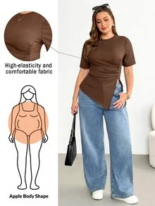Shapeblank Plus Size Women's Chocolate Brown Short Sleeve T-Shirt, Autumn Casual Everyday Stretchy Ruched Waist Asymmetric Hem Curve Tops, Tops - Mocha Brown - View 1