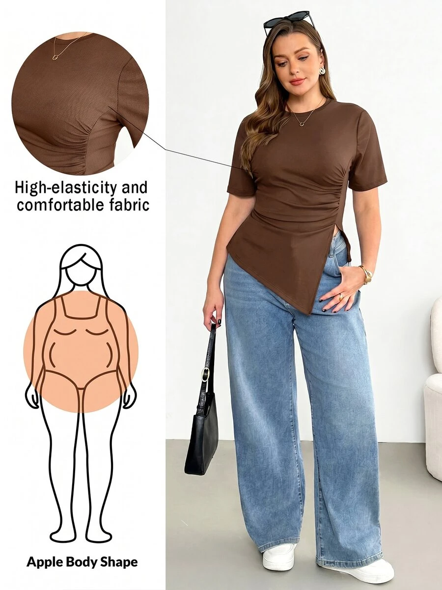 Shapeblank Plus Size Women's Chocolate Brown Short Sleeve T-Shirt, Autumn Casual Everyday Stretchy Ruched Waist Asymmetric Hem Curve Tops, Tops - Mocha Brown - View 1