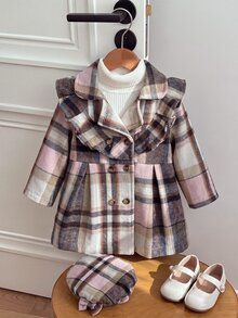 SHEIN Playful Pals 2件組幼女外套帽子套裝，甜美優雅粉色格紋荷葉邊雙排扣蝴蝶結長袖翻領加厚冬季生日芭蕾舞女孩復古保暖 - 粉色 - 查看 4