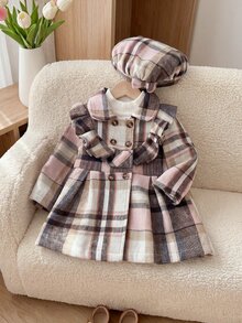 SHEIN Playful Pals 2件組幼女外套帽子套裝，甜美優雅粉色格紋荷葉邊雙排扣蝴蝶結長袖翻領加厚冬季生日芭蕾舞女孩復古保暖 - 粉色 - 查看 9
