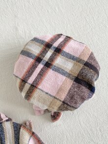 SHEIN Playful Pals 2件組幼女外套帽子套裝，甜美優雅粉色格紋荷葉邊雙排扣蝴蝶結長袖翻領加厚冬季生日芭蕾舞女孩復古保暖 - 粉色 - 查看 8
