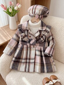 SHEIN Playful Pals 2件組幼女外套帽子套裝，甜美優雅粉色格紋荷葉邊雙排扣蝴蝶結長袖翻領加厚冬季生日芭蕾舞女孩復古保暖 - 粉色 - 查看 2