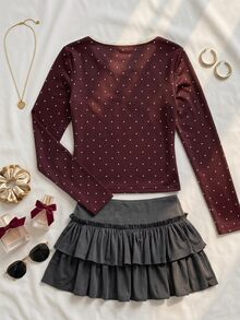 SHEIN Tween Girls' Brown And White Polka Dot Long Sleeve Top, Fall Tops, Delicate Lace Trim Neckline, Ruched Chest Design - Mocha Brown - View 3