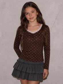 SHEIN Tween Girls' Brown And White Polka Dot Long Sleeve Top, Fall Tops, Delicate Lace Trim Neckline, Ruched Chest Design - Mocha Brown - View 2