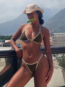 Costavie Women's Summer Beach Pool Party Textured Contrast Color Halter Tie Bikini Swimwear Set Army Green - Brown - View 8
