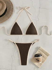 Costavie Women's Summer Beach Pool Party Textured Contrast Color Halter Tie Bikini Swimwear Set Army Green - Brown - View 5