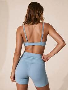 SHEIN Sports Setelan Olahraga Wanita Premium Musim Semi/Panas, Musim Gugur, Yoga, Lari, Aktivitas Luar Ruangan, Pengontrol Perut, Pinggang Berkerut, Pengangkat Pinggul, Tanpa Punggung, Atasan Tank Top & Celana Pendek - Biru - View 3