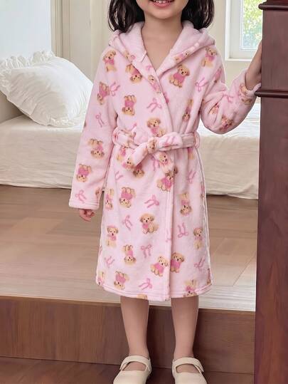 SHEIN Young Girl Bear Pattern Thermal Lined Thick Plush Hooded Long Sleeve Tie-Up Loungewear Bathrobe Pajamas Sleepwear For Young Girl