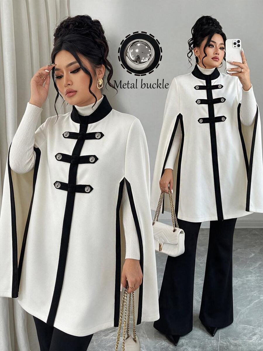 Elenzga Plus Size Women Black White Color Block Cape Style Flattering Elegant Formal Office Jacket Formal Evening Autumn - Black and White - View 1