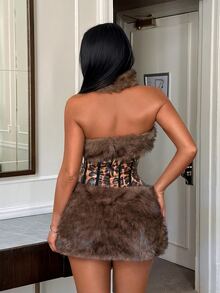 SHEIN SXY Faux Fur Patchwork Leopard Print Sexy Bodysuit - Multicolor - View 2