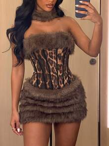 SHEIN SXY Faux Fur Patchwork Leopard Print Sexy Bodysuit - Multicolor - View 1