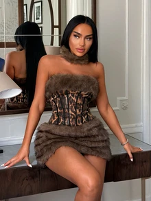 SHEIN SXY Faux Fur Patchwork Leopard Print Sexy Bodysuit - Multicolor - View 4