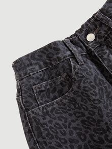 SHEIN Girlism 青少年女孩豹紋印花寬鬆直筒牛仔褲，牛仔女郎風 - 灰色 - 查看 5