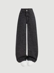 SHEIN Girlism 青少年女孩豹紋印花寬鬆直筒牛仔褲，牛仔女郎風 - 灰色 - 查看 2
