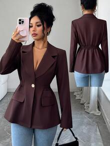 SHEIN Women's Dark Brown Notch Lapel Blazer, Single Gold Button, Ruched Waist, Slim Fit, Long Sleeve, Elegant Office Suit Jacket - Brown - View 3