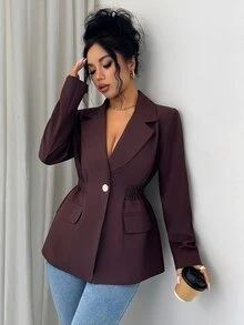 SHEIN Women's Dark Brown Notch Lapel Blazer, Single Gold Button, Ruched Waist, Slim Fit, Long Sleeve, Elegant Office Suit Jacket - Brown - View 7
