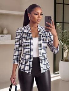SHEIN Lady CURVE Plus Size Fashion Commuter Evening Office Semi Formal Houndstooth Blazer White Summer Elegant Business Casual - Multicolor - View 4
