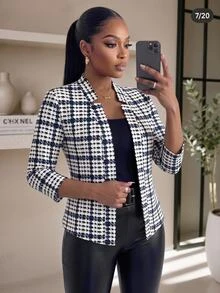 SHEIN Lady CURVE Plus Size Fashion Commuter Evening Office Semi Formal Houndstooth Blazer White Summer Elegant Business Casual - Multicolor - View 3