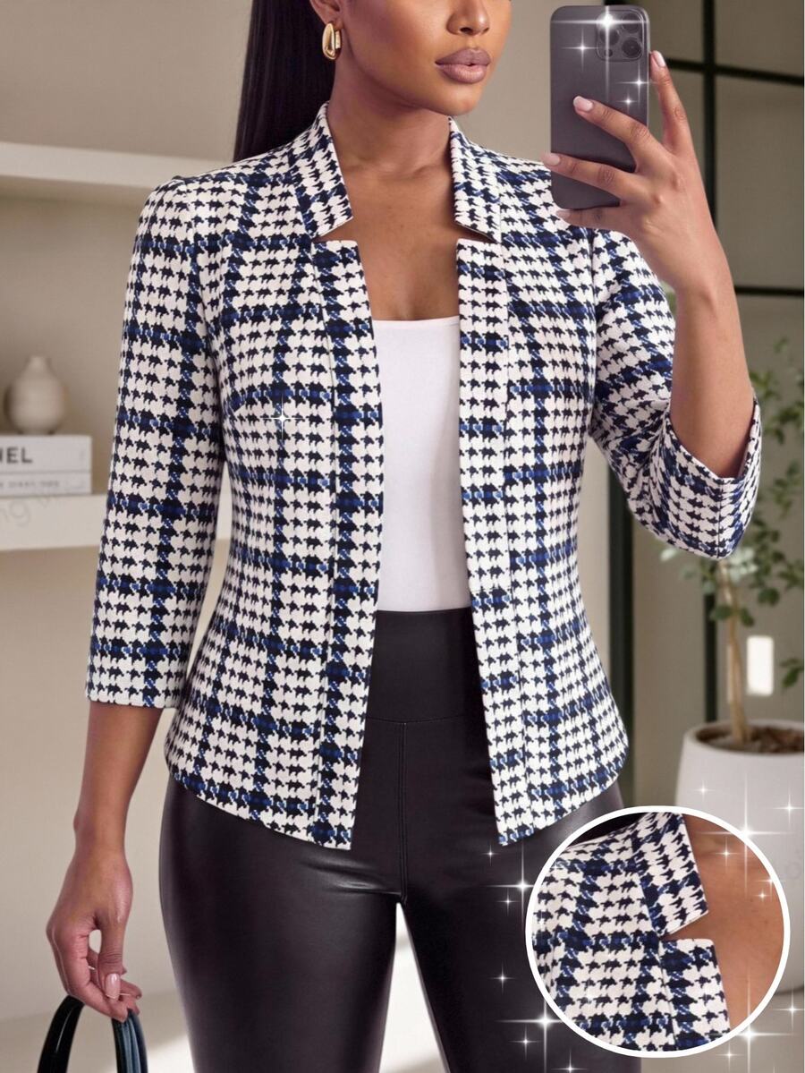 SHEIN Lady CURVE Plus Size Fashion Commuter Evening Office Semi Formal Houndstooth Blazer White Summer Elegant Business Casual - Multicolor - View 1
