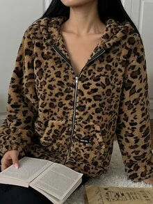 SHEIN Clasi Plus Size Women's Leopard Print Long Sleeve Zipper Front Hooded Jacket Fall - Multicolor - View 7