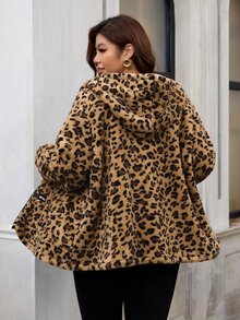 SHEIN Clasi Plus Size Women's Leopard Print Long Sleeve Zipper Front Hooded Jacket Fall - Multicolor - View 2