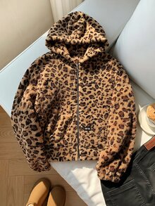 SHEIN Clasi Plus Size Women's Leopard Print Long Sleeve Zipper Front Hooded Jacket Fall - Multicolor - View 8