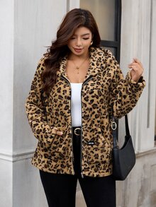 SHEIN Clasi Plus Size Women's Leopard Print Long Sleeve Zipper Front Hooded Jacket Fall - Multicolor - View 4