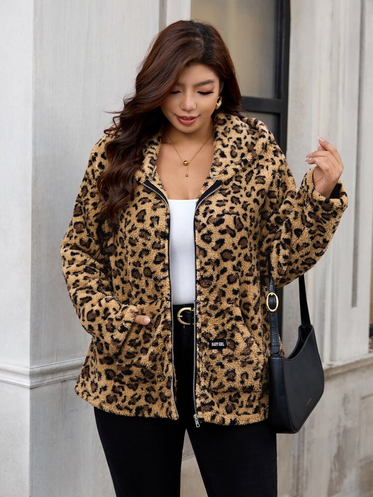 SHEIN Clasi Plus Size Women's Leopard Print Long Sleeve Zipper Front Hooded Jacket Fall - Multicolor - View 4