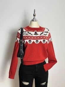 Elamini Women's Burgundy Holiday Autumn/Winter Spooky Halloween Pattern Sweater. Halloween Essentials. - Multicolor - View 6