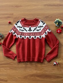 Elamini Women's Burgundy Holiday Autumn/Winter Spooky Halloween Pattern Sweater. Halloween Essentials. - Multicolor - View 4